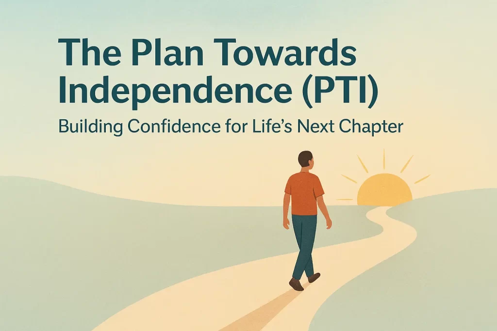 Illustration of a confident young adult walking forward on a path symbolizing independence and new beginnings.